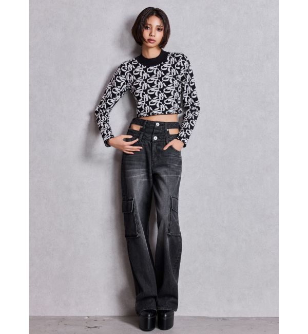 GYDA「ハイウエスト CUT OUT CARGOワイトデニムパンツ」|デニム|