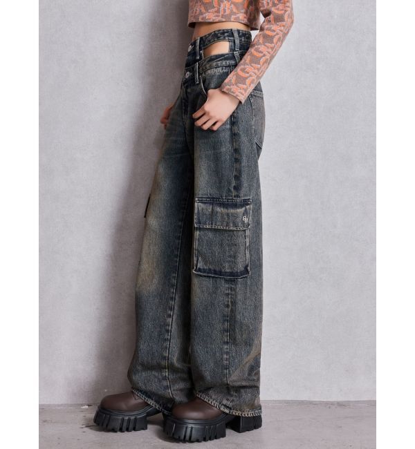 GYDA「ハイウエスト CUT OUT CARGOワイトデニムパンツ」|デニム|