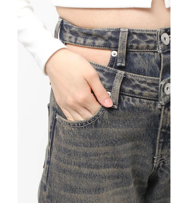 GYDA「ハイウエスト CUT OUT CARGOワイトデニムパンツ」|デニム|