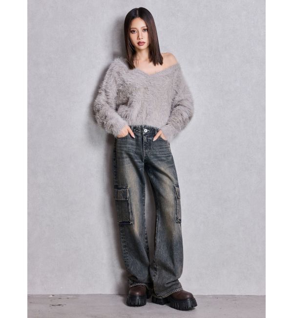 GYDA「ハイウエスト CUT OUT CARGOワイトデニムパンツ」|デニム|