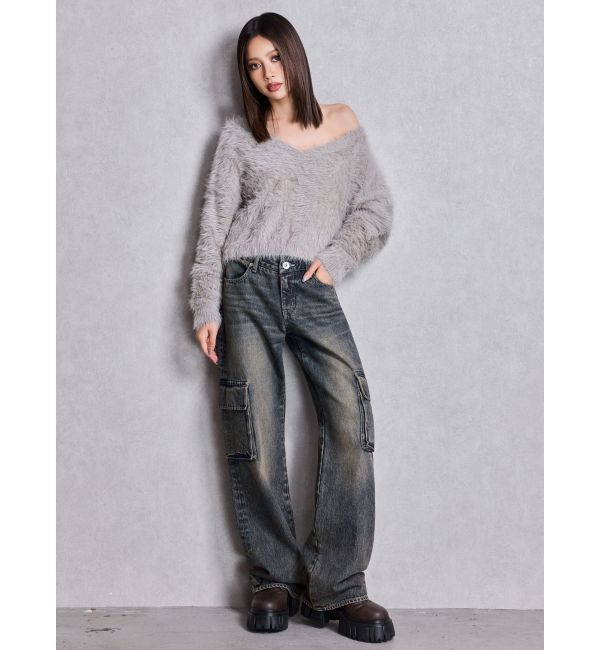 GYDA「ハイウエスト CUT OUT CARGOワイトデニムパンツ」|デニム|