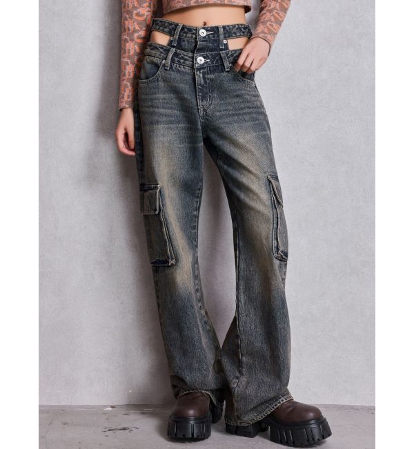 GYDA「ハイウエスト CUT OUT CARGOワイトデニムパンツ」|デニム|インディゴ