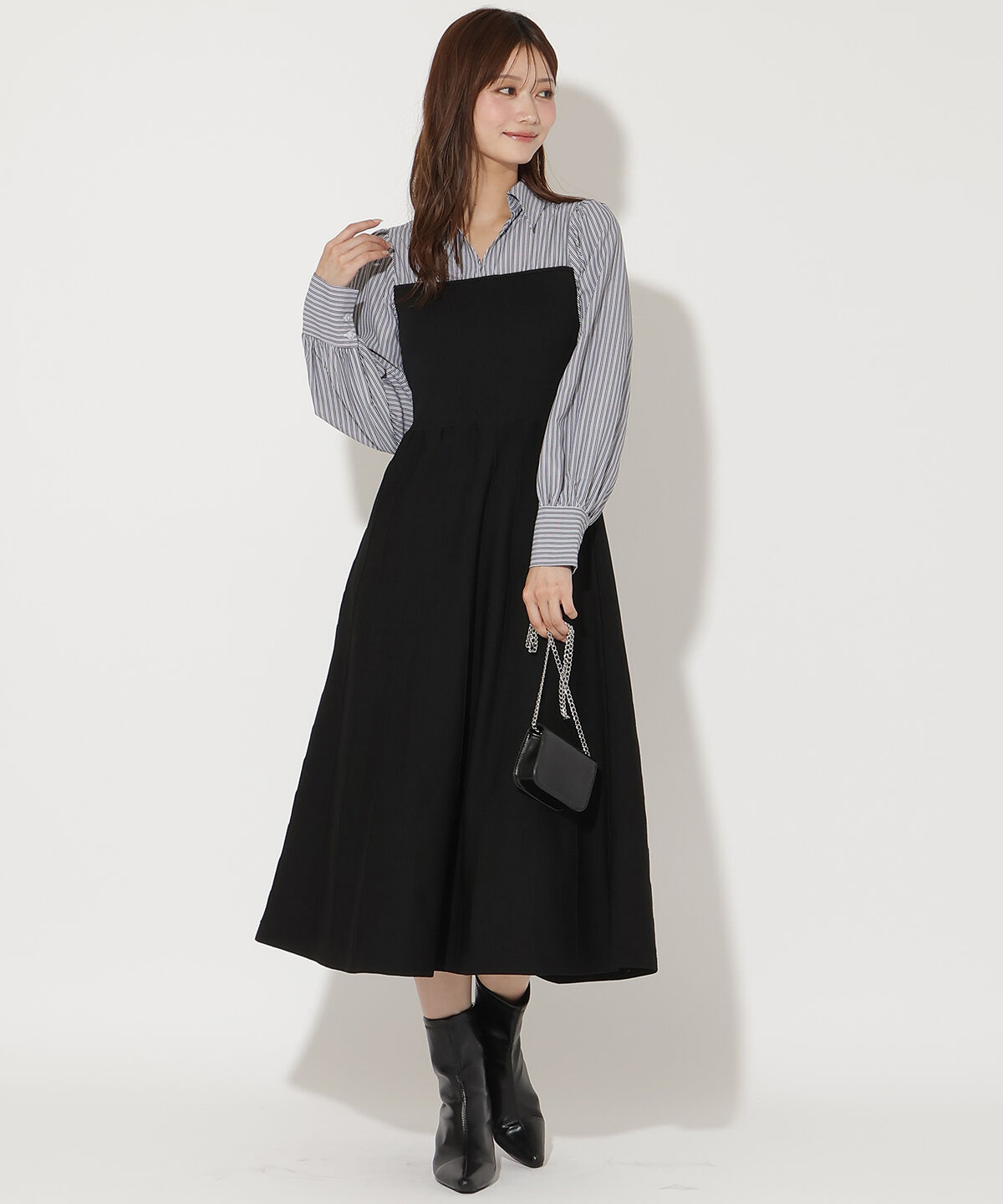 アンドクチュール「ニットビスチェ風スキッパーワンピース」|ワンピース|black/borderｽﾄﾗｲﾌﾟ