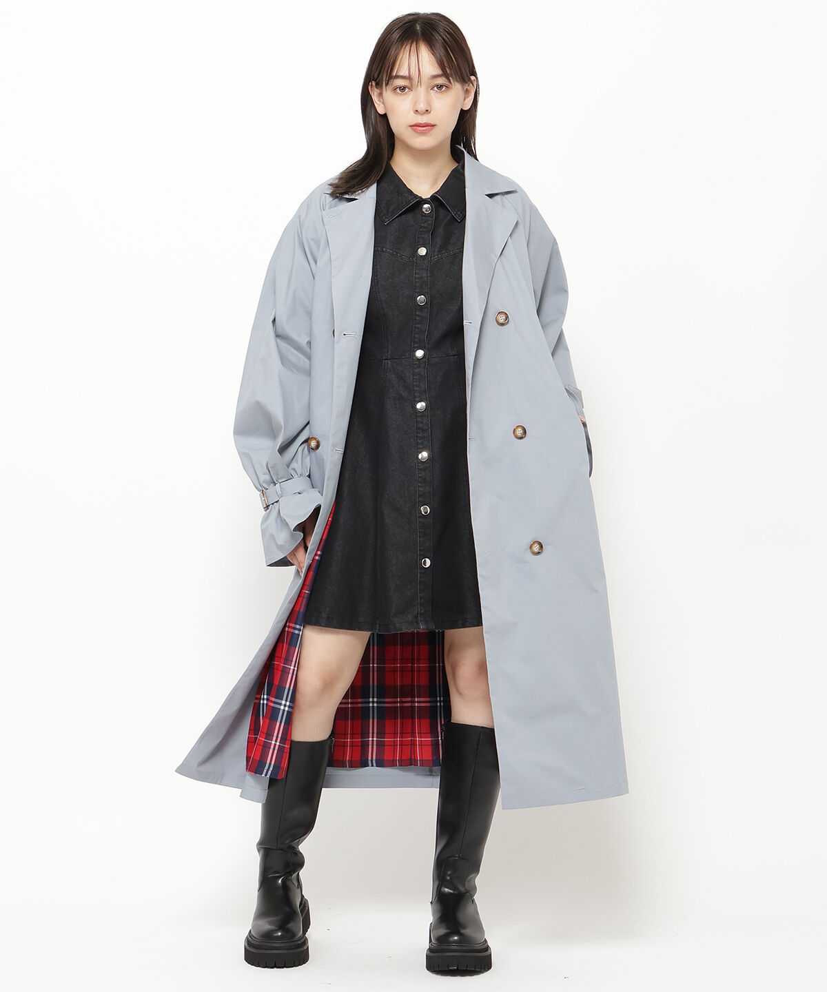REDYAZEL「チェックライニングトレンチコート」|トレンチコート|ライトグレー