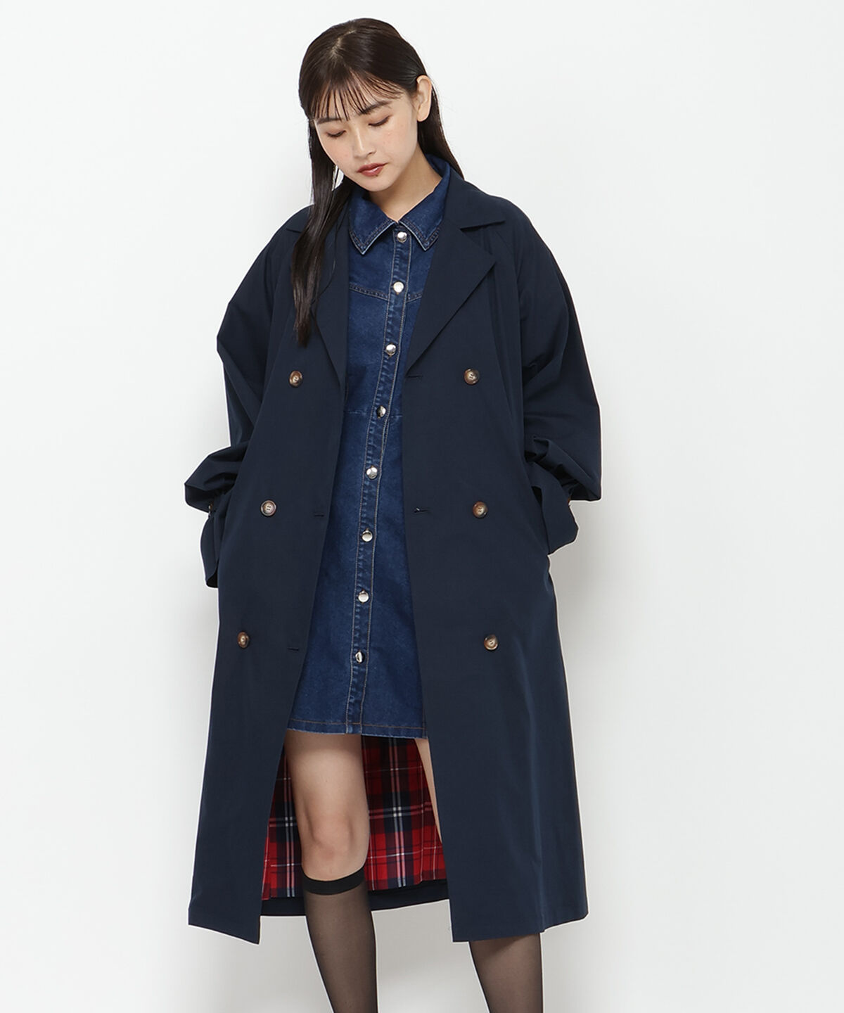 REDYAZEL「チェックライニングトレンチコート」|トレンチコート|ネイビー
