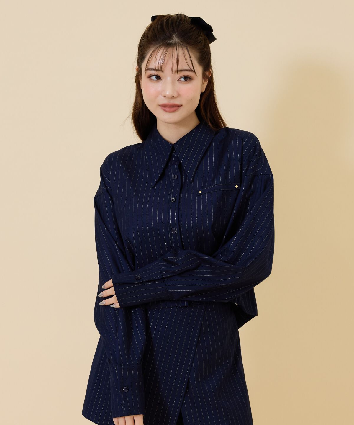 REDYAZEL「ゴールドラメストライプシャツ」|シャツ・ブラウス|ネイビー