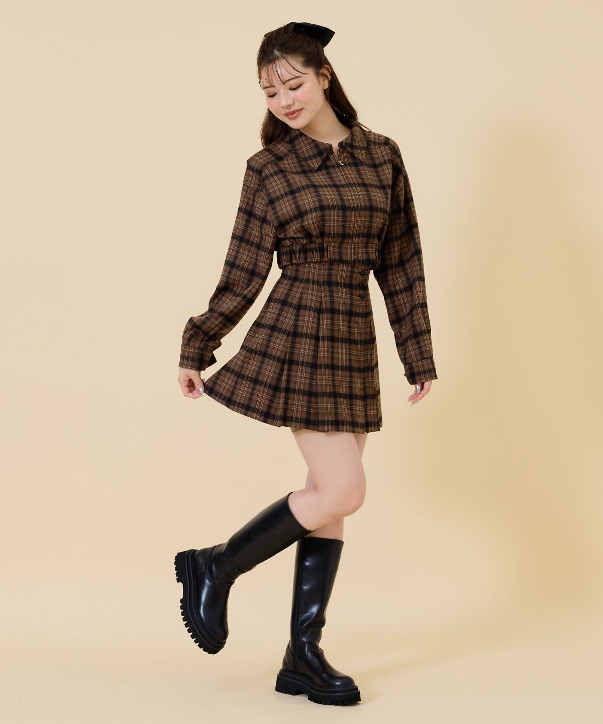 REDYAZEL「ハイウエストチェックミニスカート」|フレア|