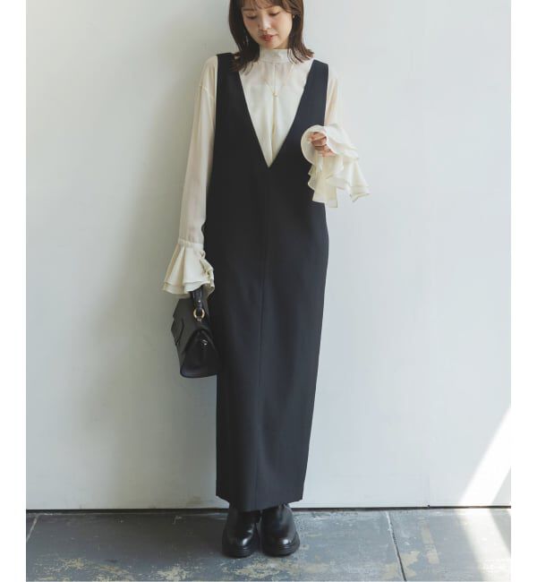 NOBLE「《WEB限定追加》ストレートVネックワンピース」|ワンピース|ブラック