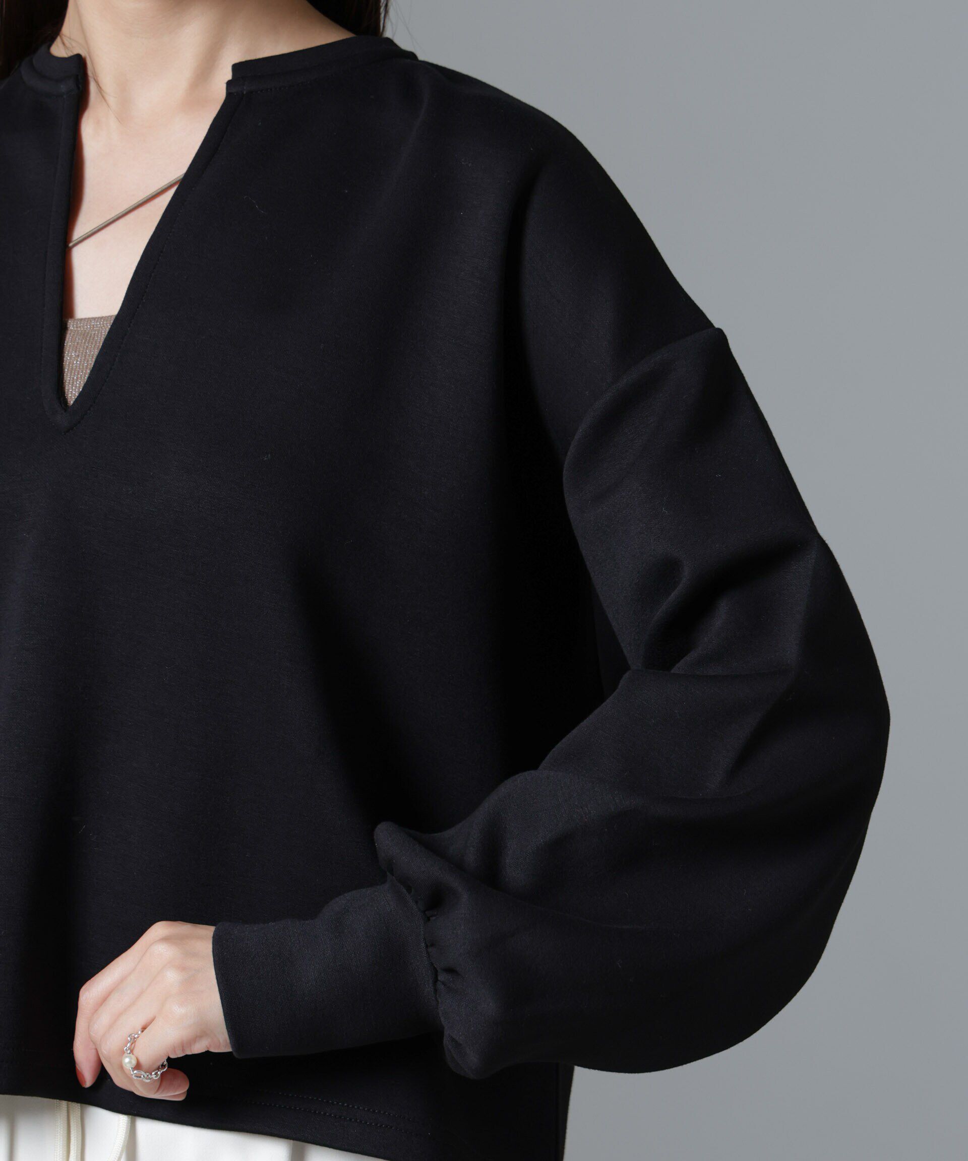 nano･universe「裏起毛ダンボールカットキーネックトップス（セットアップ可）」|Tシャツ・カットソー|