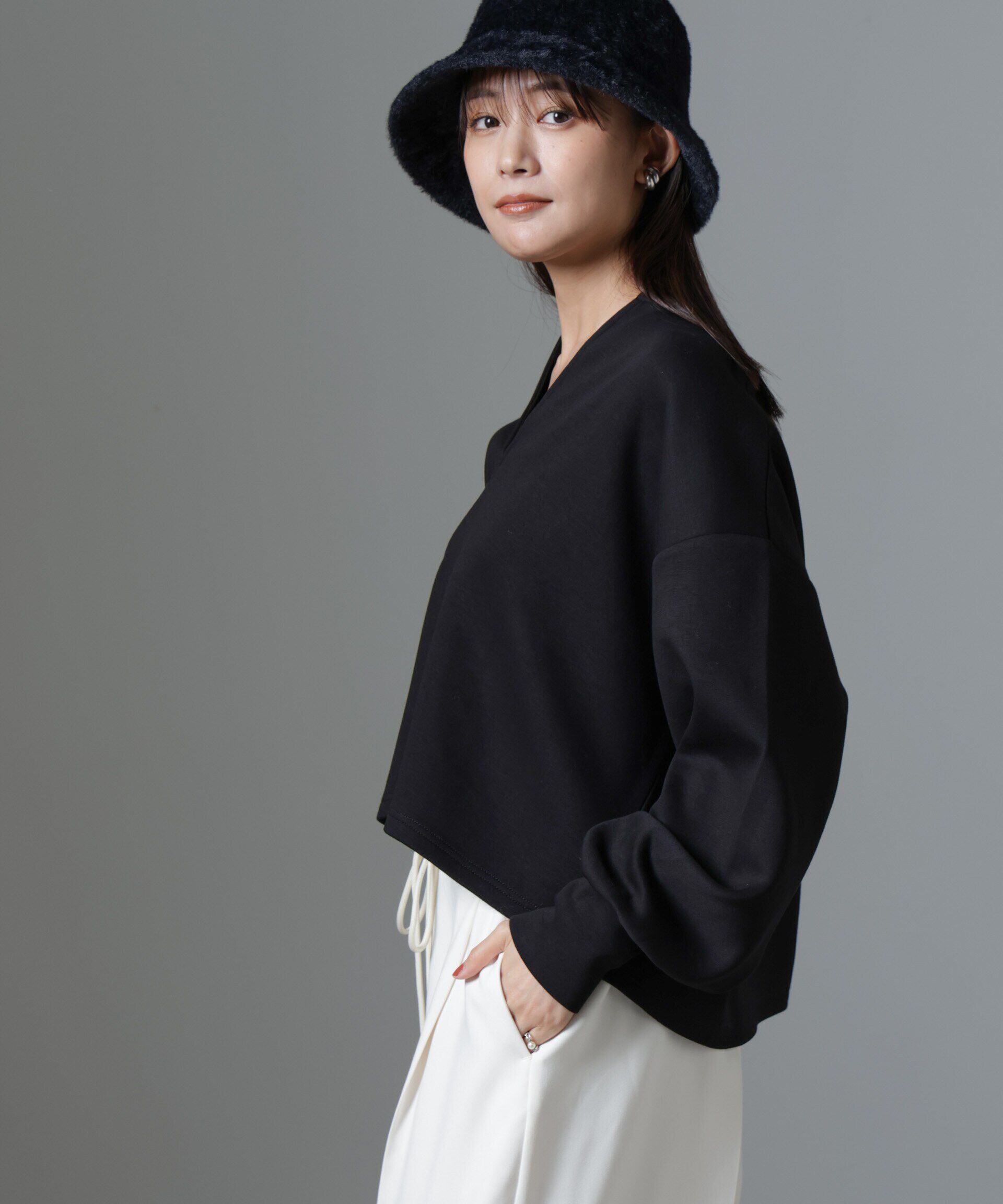 nano･universe「裏起毛ダンボールカットキーネックトップス（セットアップ可）」|Tシャツ・カットソー|