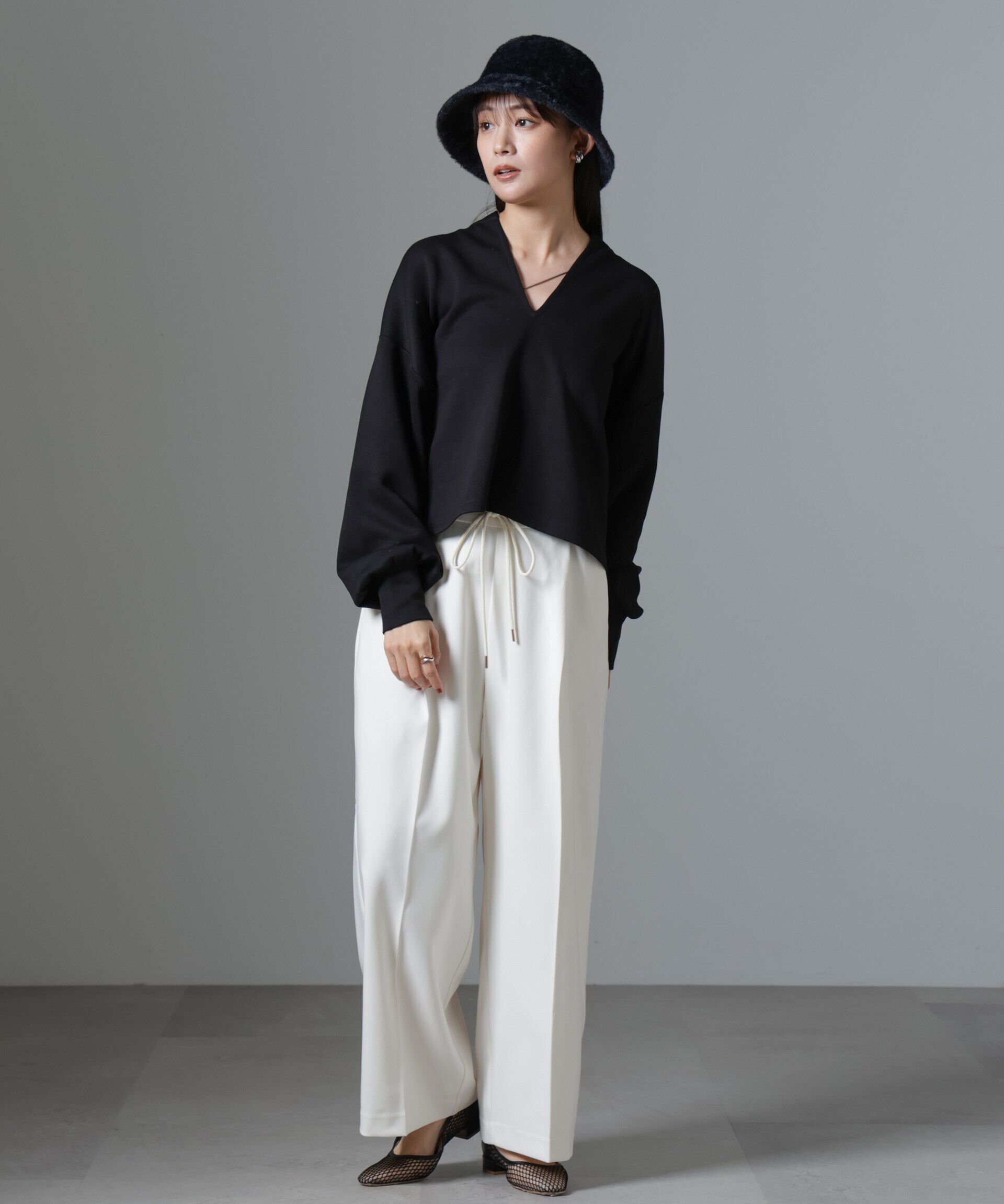 nano･universe「裏起毛ダンボールカットキーネックトップス（セットアップ可）」|Tシャツ・カットソー|