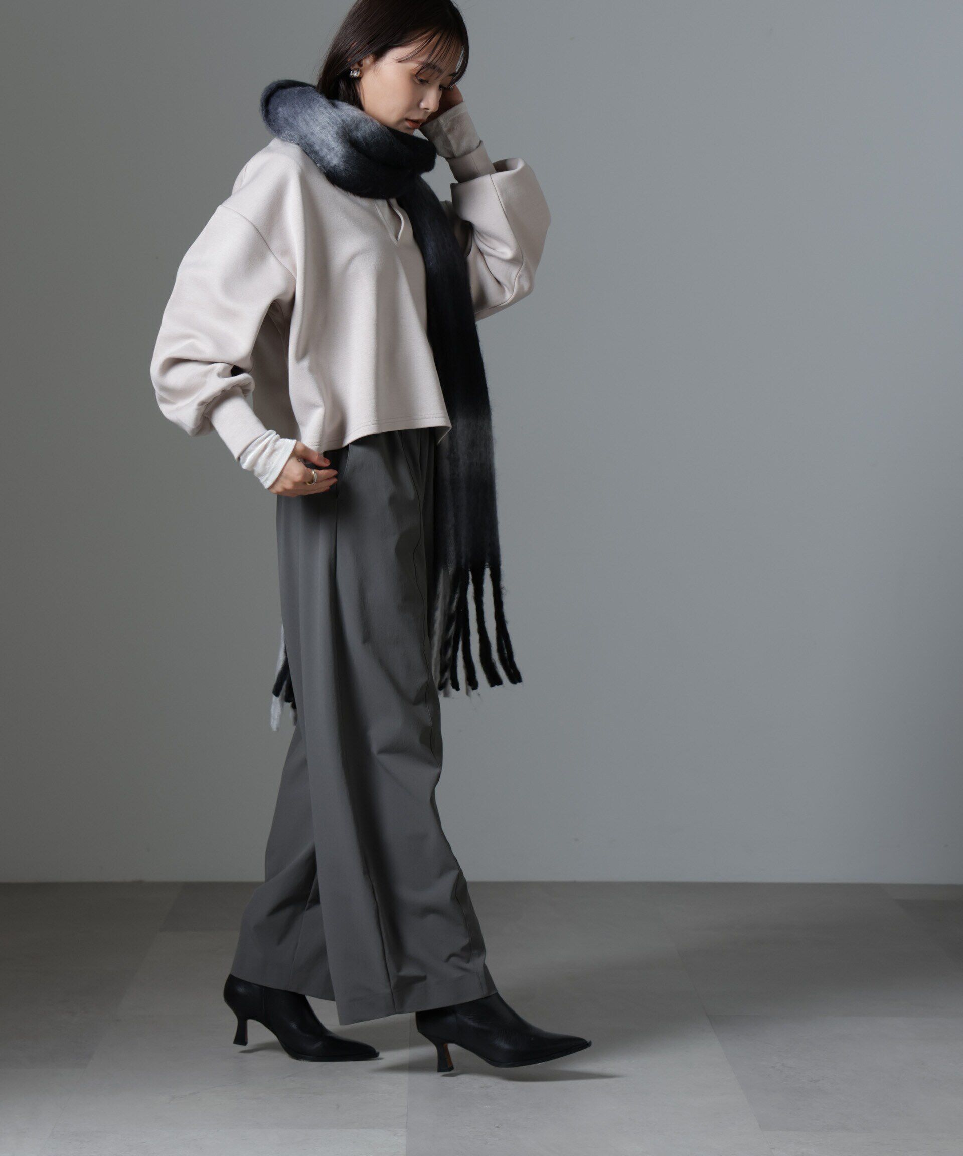 nano･universe「裏起毛ダンボールカットキーネックトップス（セットアップ可）」|Tシャツ・カットソー|