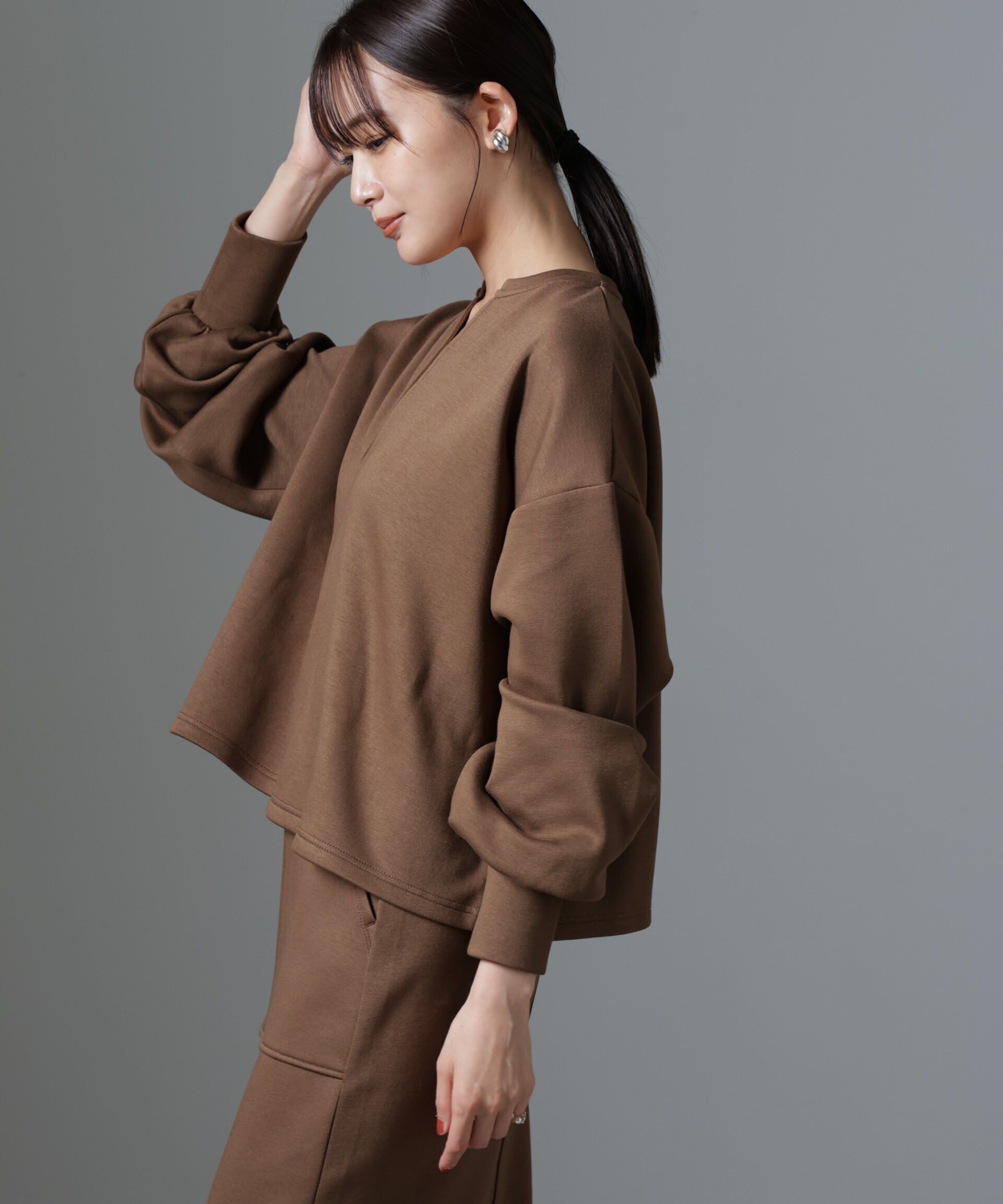 nano･universe「裏起毛ダンボールカットキーネックトップス（セットアップ可）」|Tシャツ・カットソー|