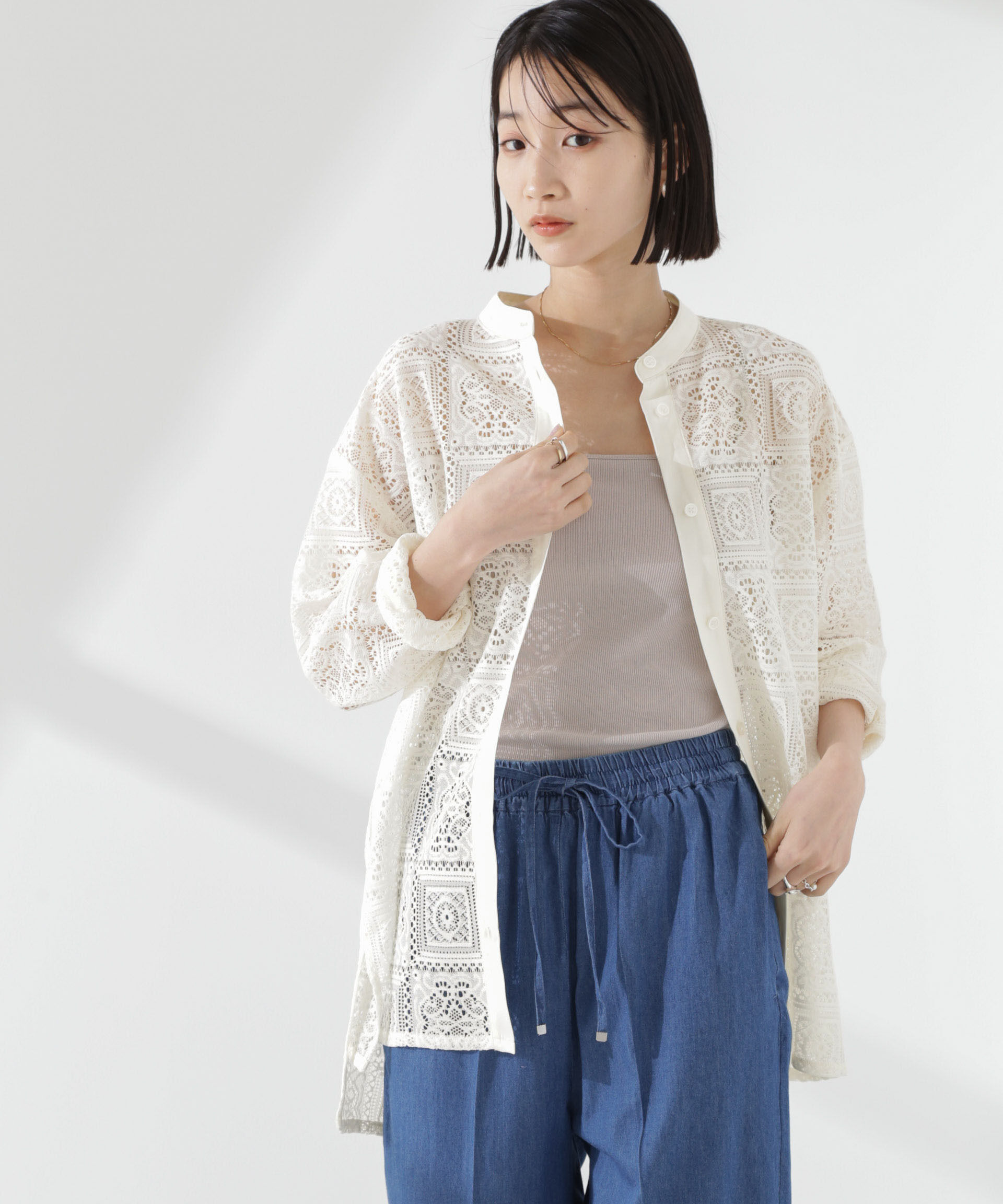 nano･universe「バンドカラーレースシャツ (セットアップ可)」|シャツ・ブラウス|