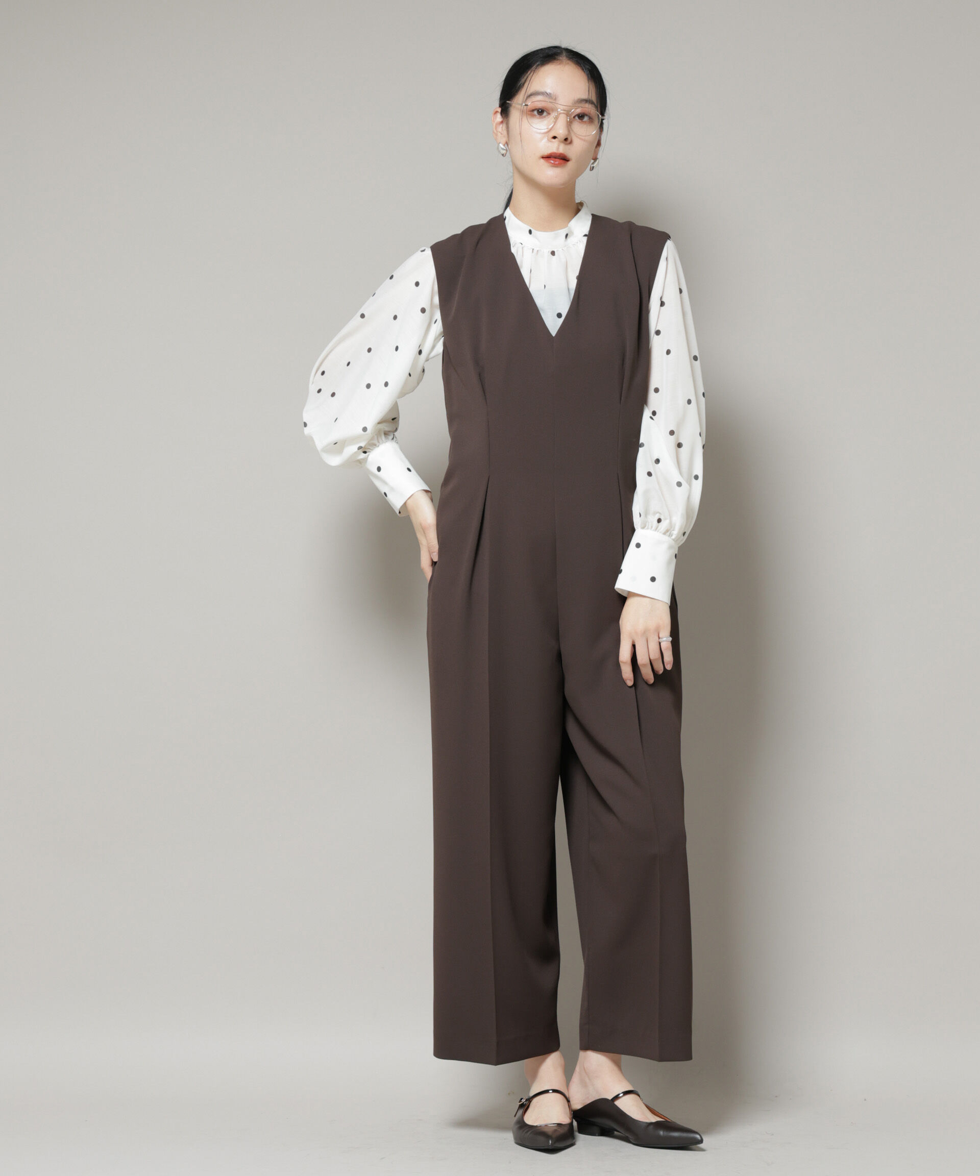 nano･universe「Vネックオールインワン」|ワンピース|ブラウン