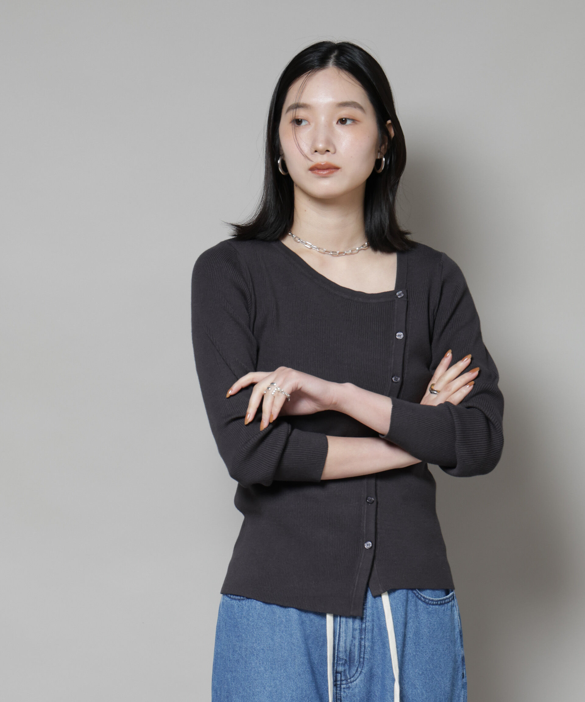 nano･universe「アシメネックデサインリブニットトップス」|ニット・セーター|