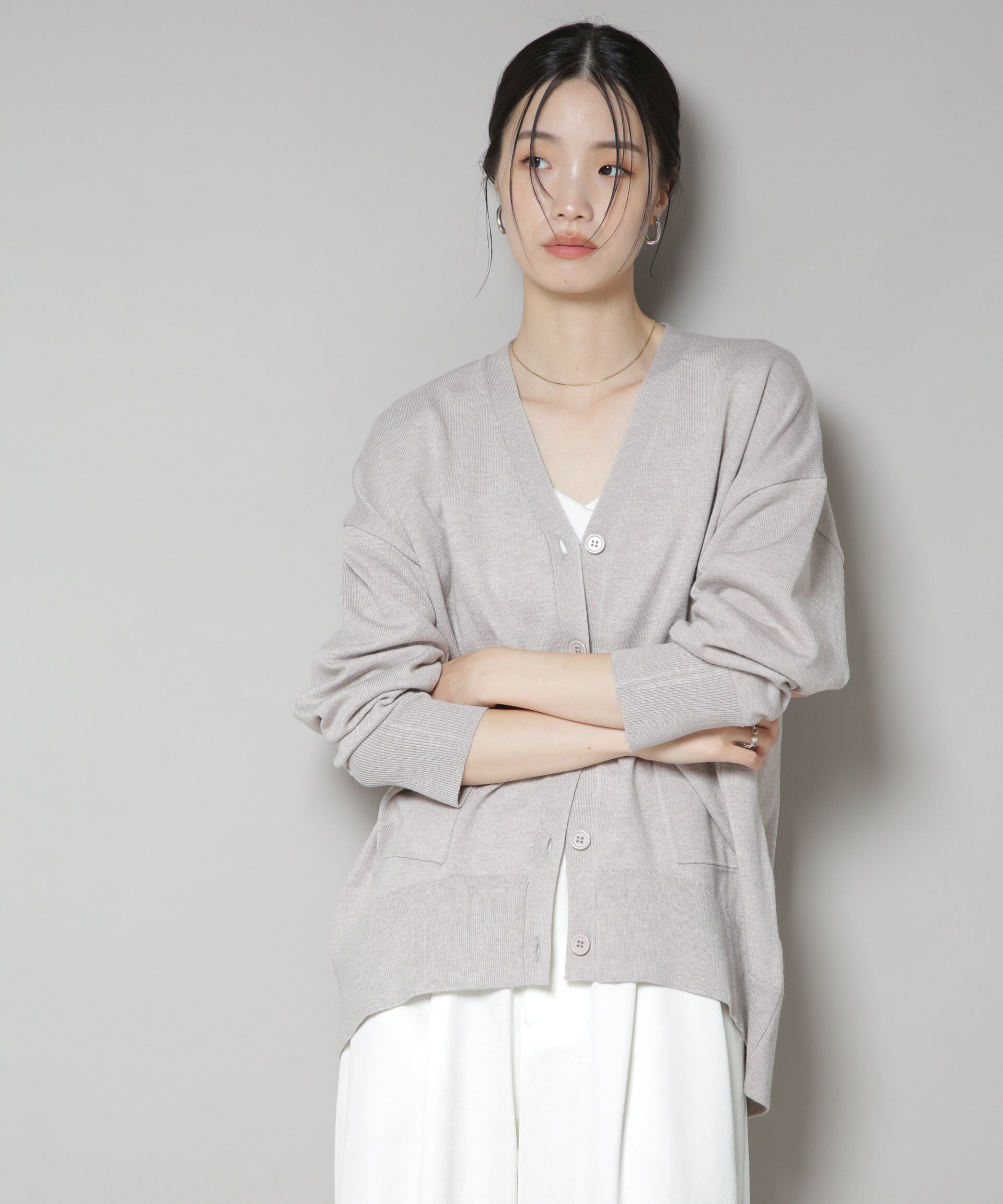 nano･universe「毛玉抑制ニットカーディガン(セットアップ可)」|ニット・セーター|ベージュ