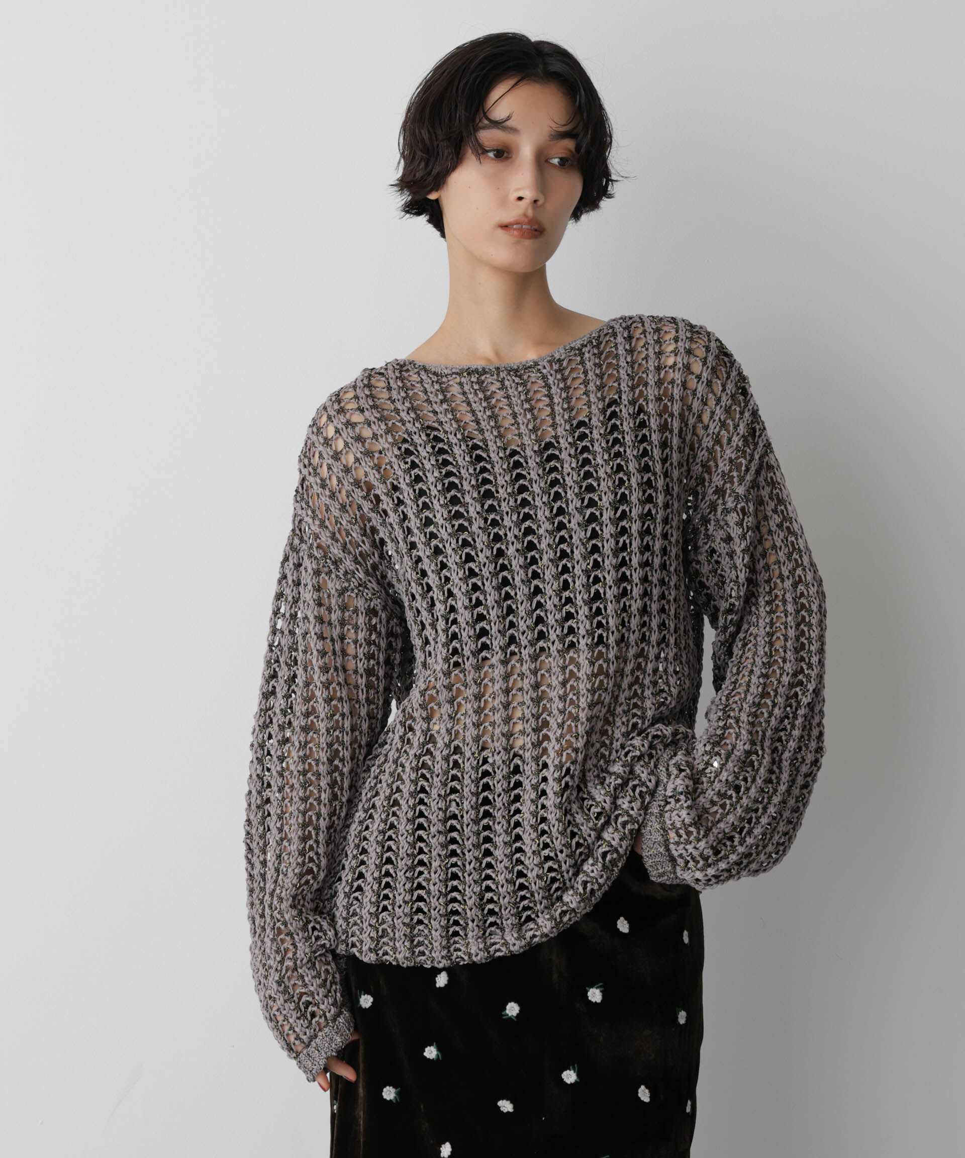 nano･universe「「STEVELOUR」シャイニーレースニットトップス」|ニット・セーター|グレー