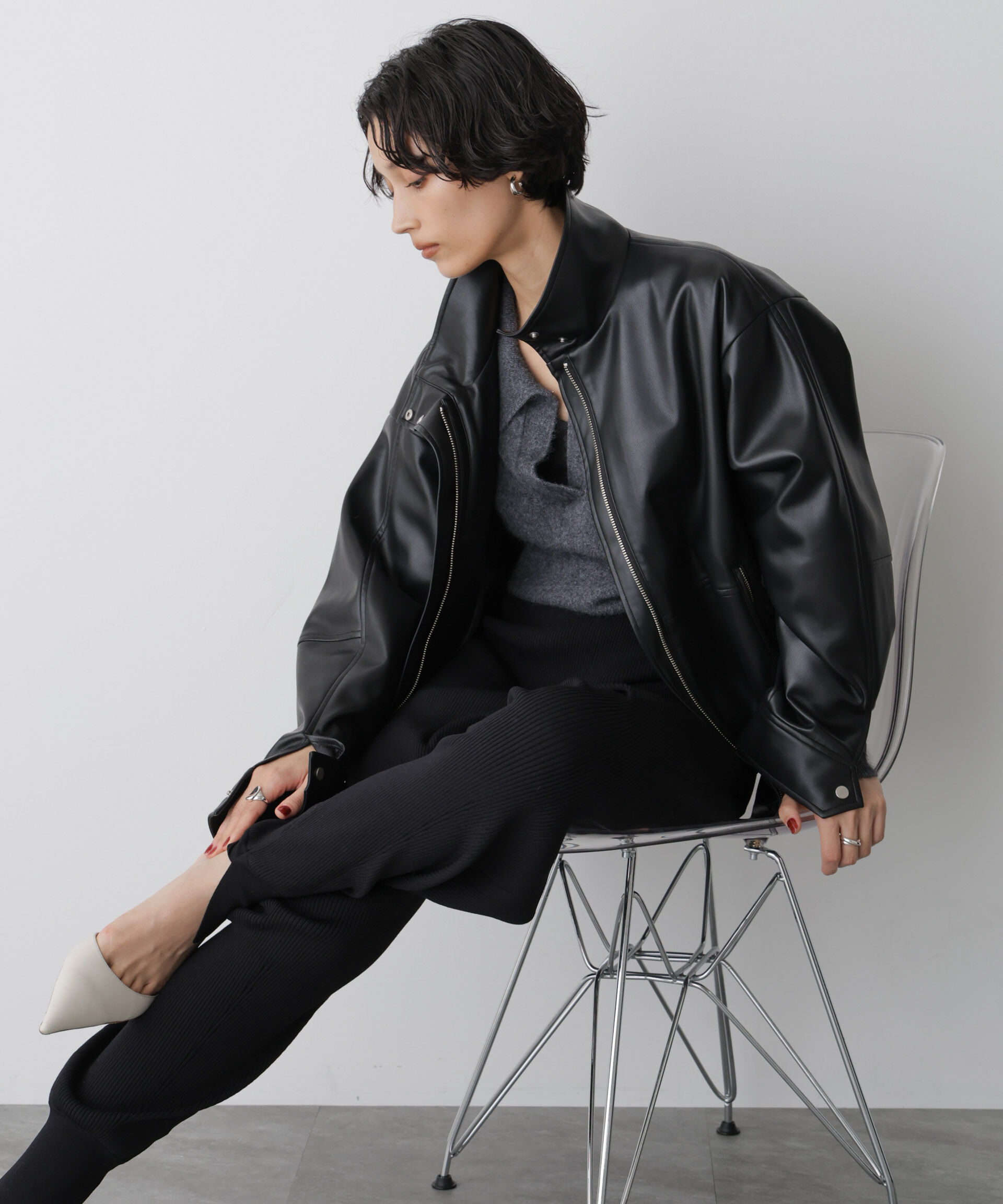  「「STEVELOUR」スタンドフェイクレザージップブルゾン」|ブルゾン・スタジャン|