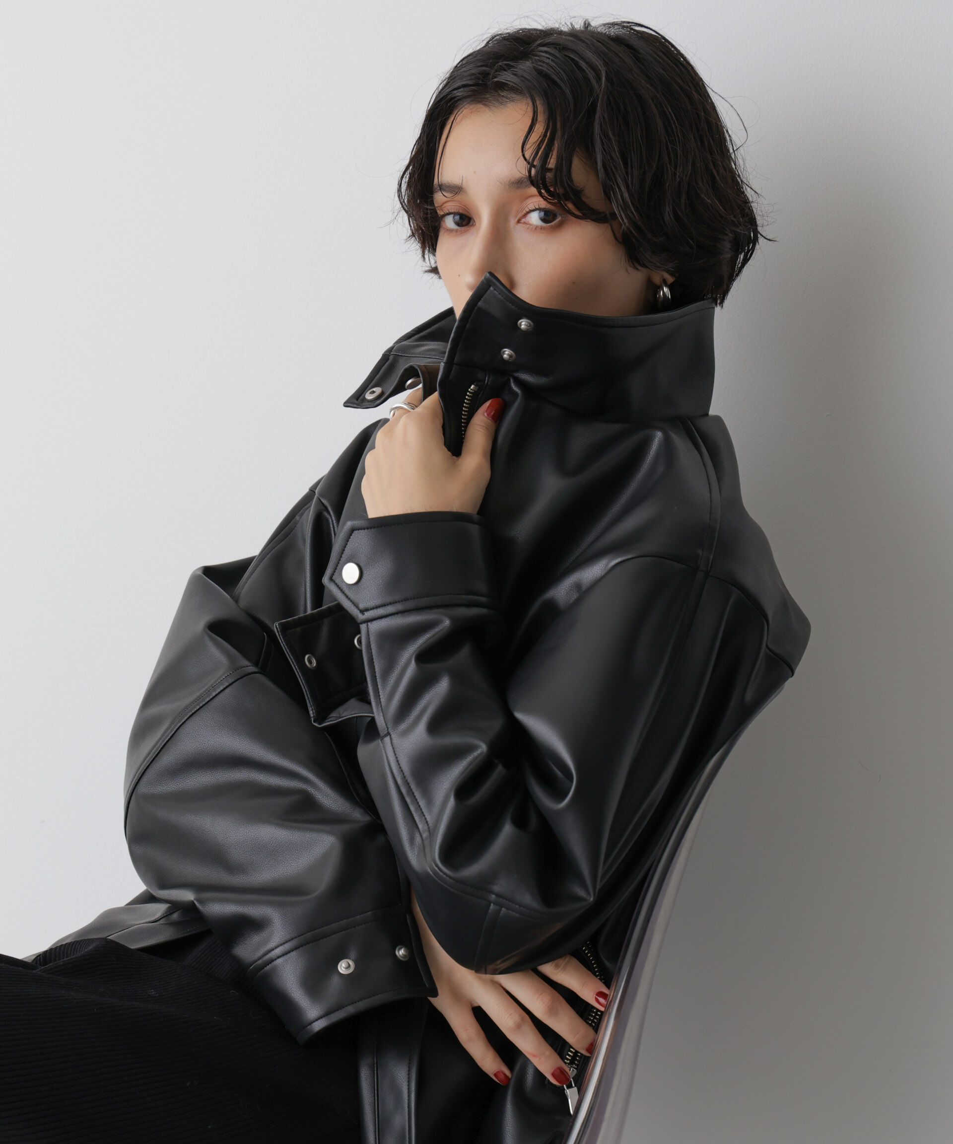  「「STEVELOUR」スタンドフェイクレザージップブルゾン」|ブルゾン・スタジャン|