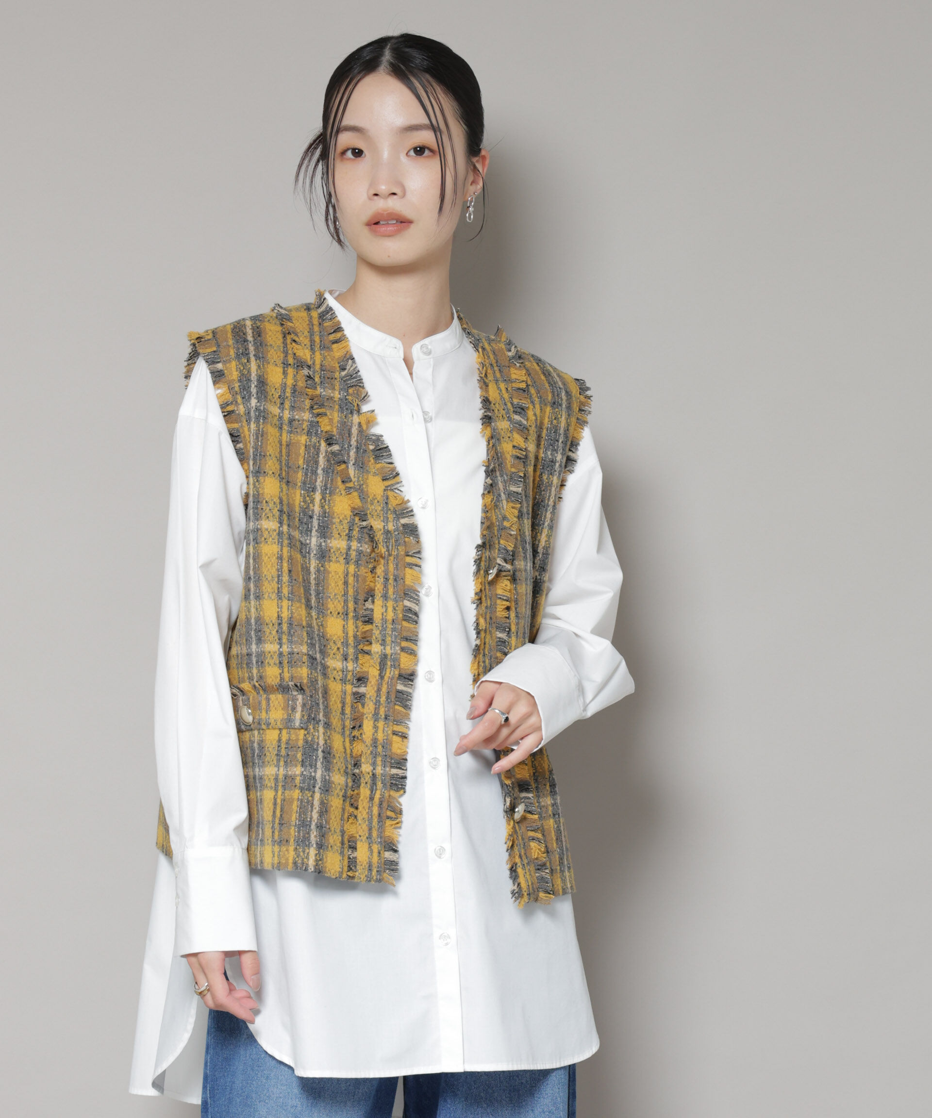nano･universe「チェックフリンジ金ボタンジレ(セットアップ可)」|テーラードジャケット|