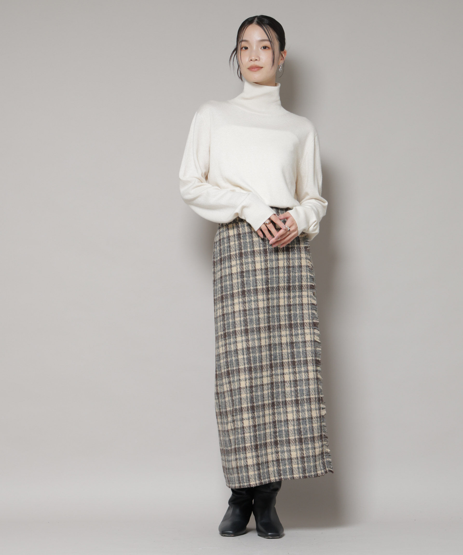 nano･universe「チェックフリンジラップ風スカート(セットアップ可)」|スカート|