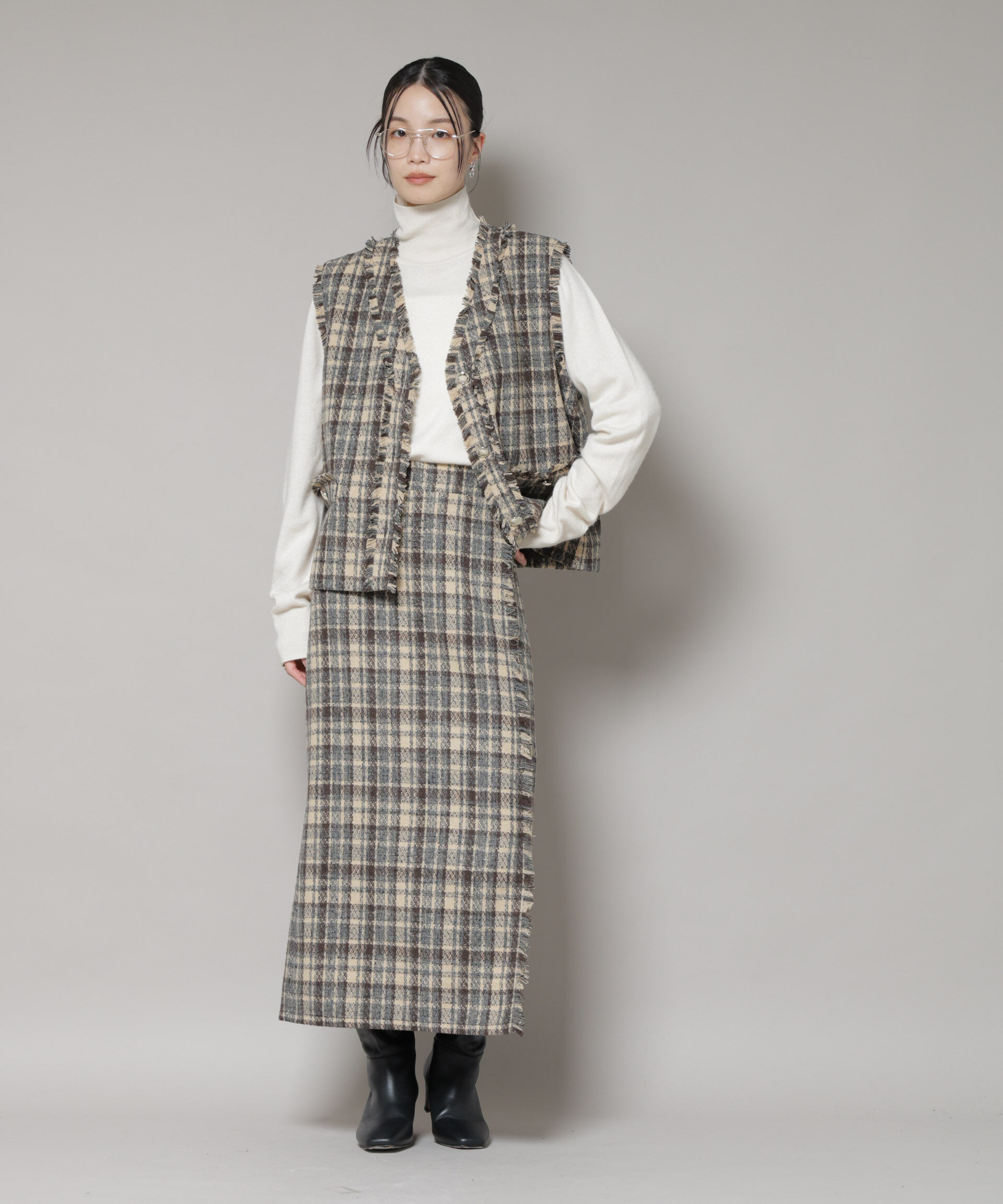 nano･universe「チェックフリンジラップ風スカート(セットアップ可)」|スカート|