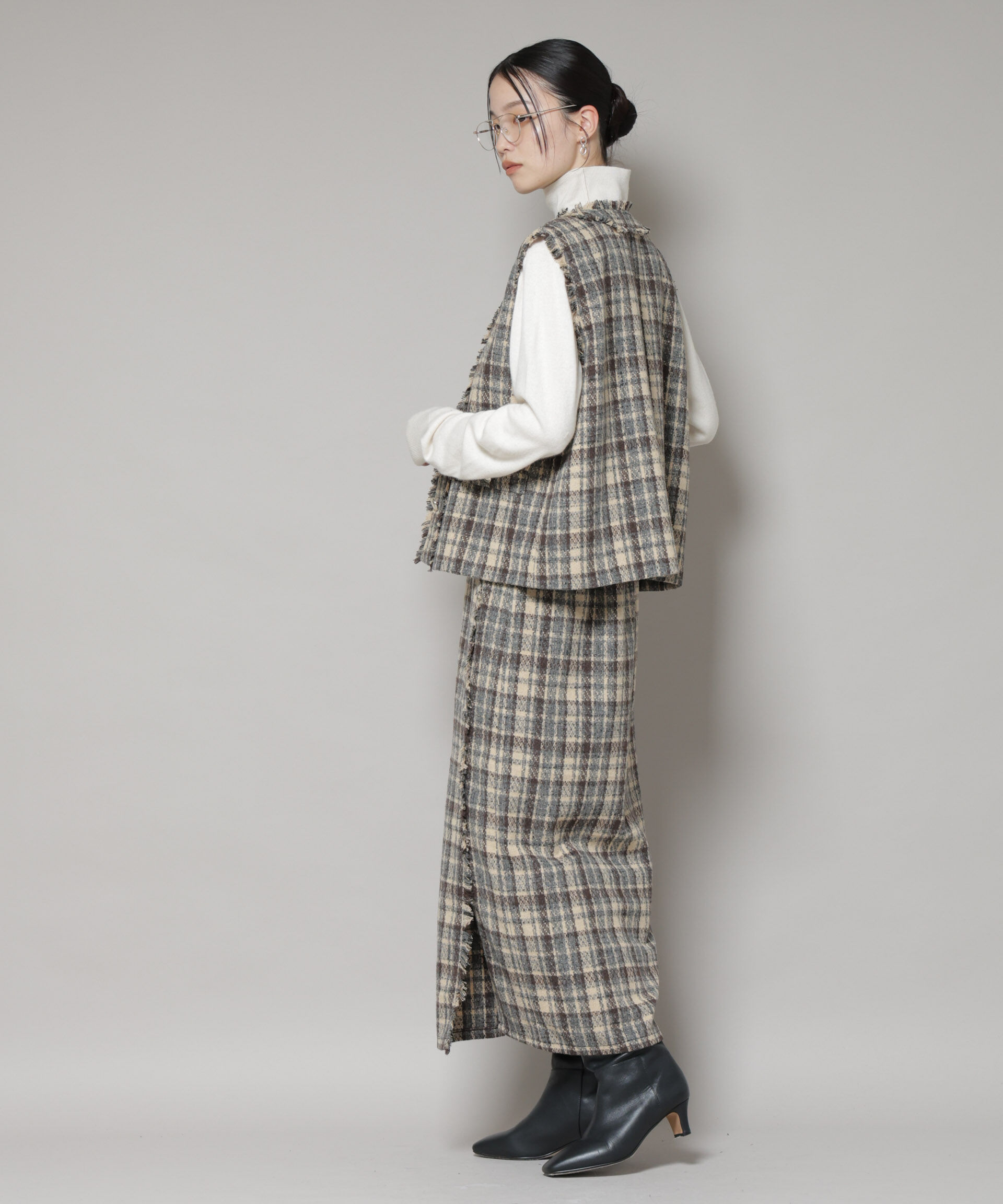 nano･universe「チェックフリンジラップ風スカート(セットアップ可)」|スカート|