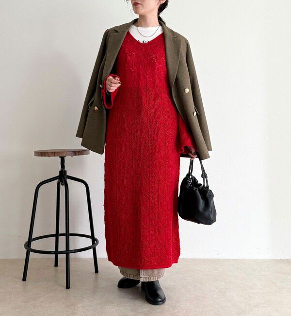 fredy emue「モヘヤ混透かし柄ベルスリーブワンピース」|ワンピース|レッド