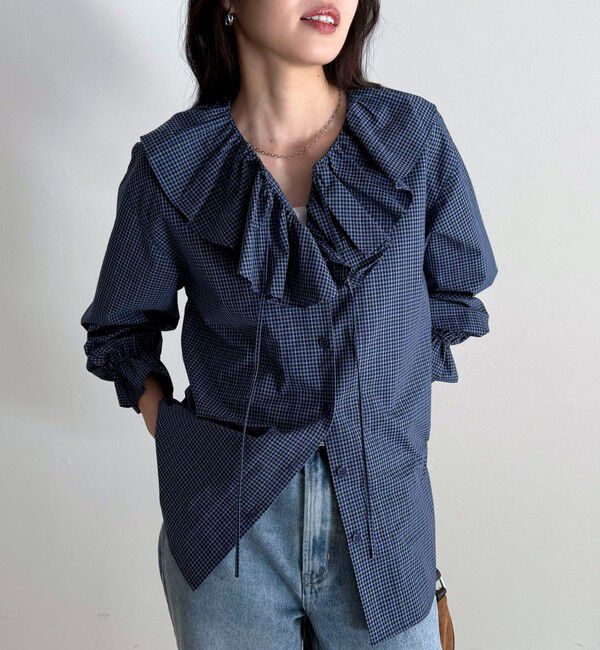 fredy emue「チェックフリルカラーブラウス」|シャツ・ブラウス|ブルー系その他