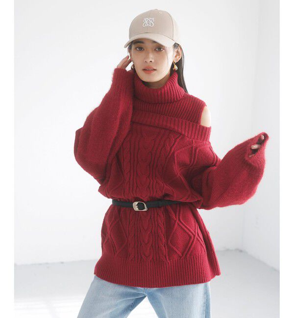 VIS「【洗える】オフショルケーブル編みミニワンピース」|ワンピース|