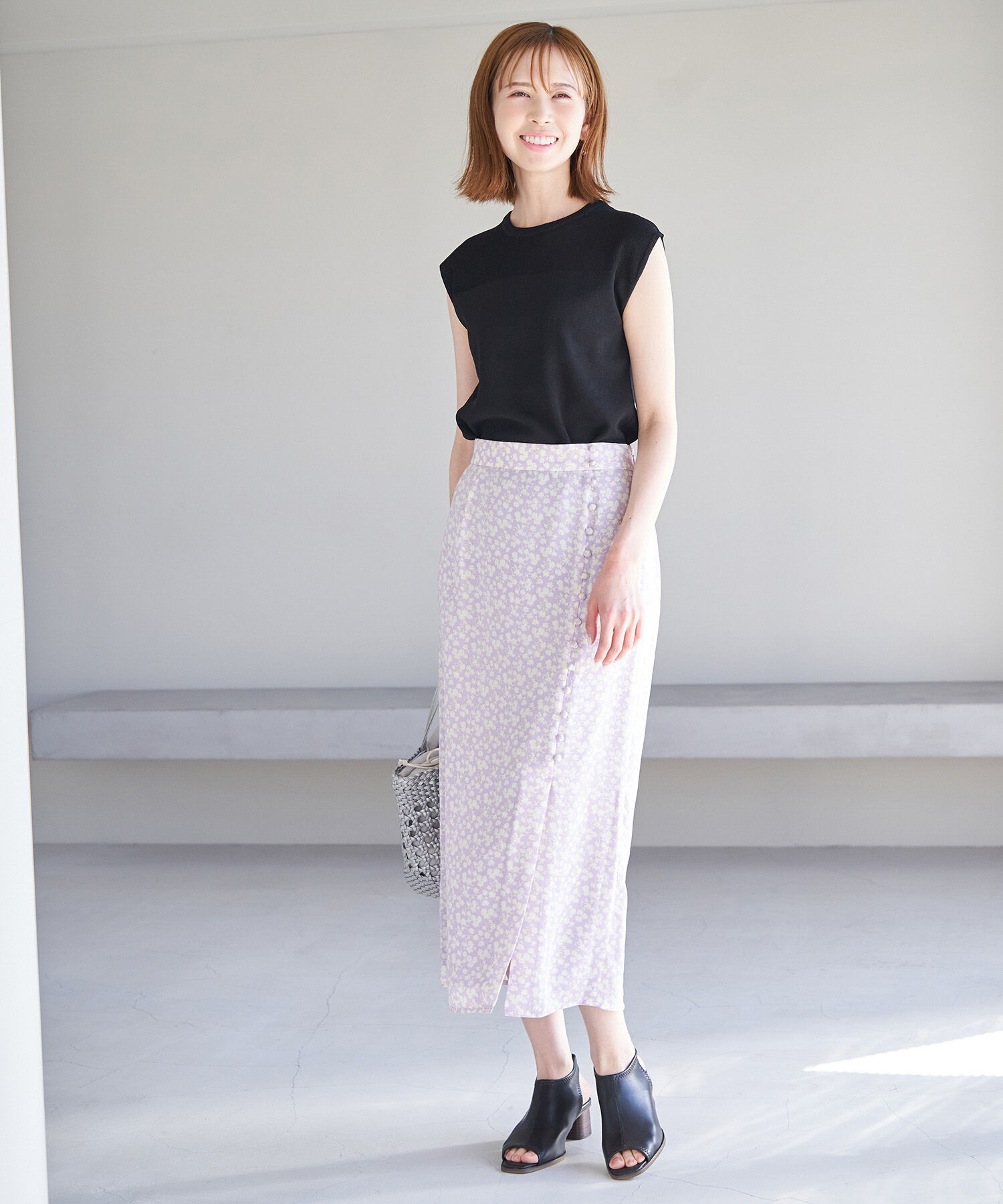 Rope&rsquo;Picnic「フラワープリントくるみ釦ラップスカート」|スカート|