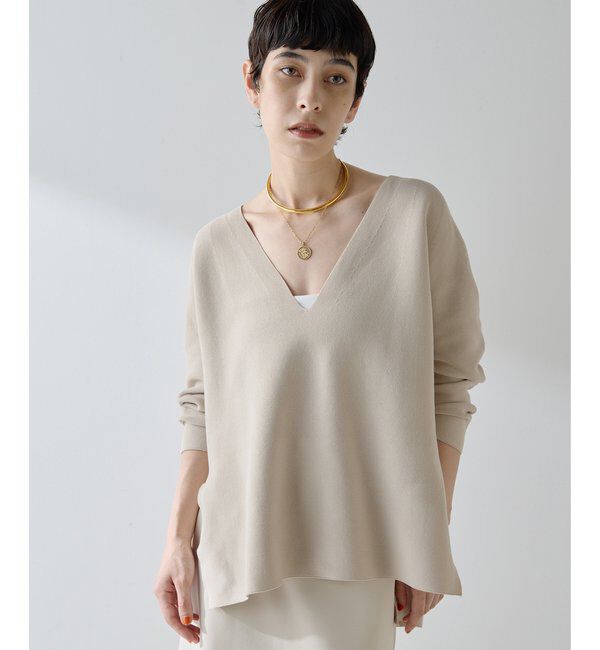  「深Vスリットニットプルオーバー」|ニット・セーター|ベージュ
