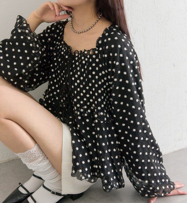  「ドットフラワーバルーンブラウス」|シャツ・ブラウス|ブラック