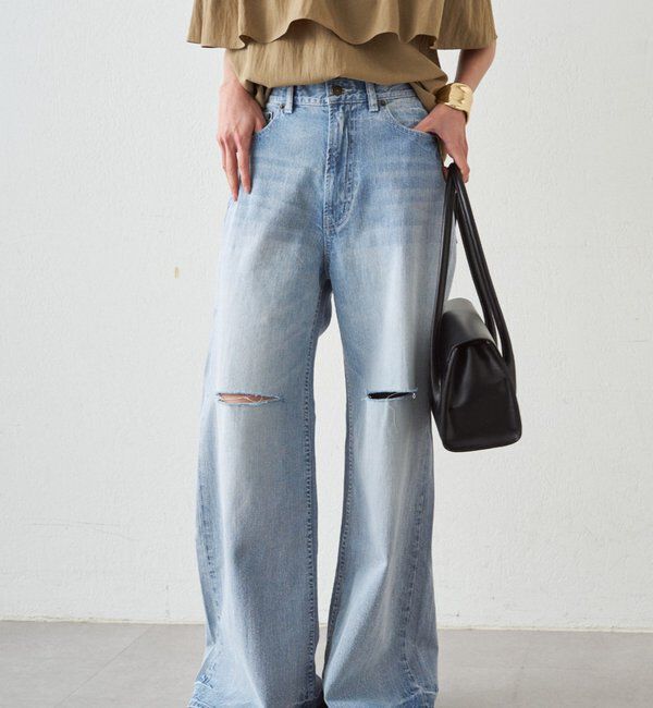  「ハイウエストダメージデニムパンツ」|デニム|ブルー