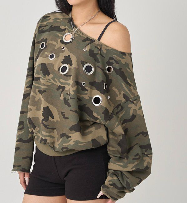  「フロントアイレットオフショルスウェット」|Tシャツ・カットソー|カーキ