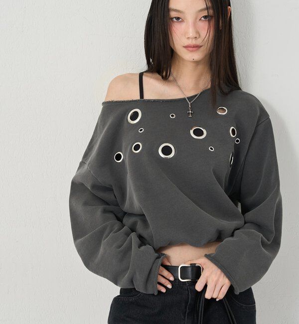 「フロントアイレットオフショルスウェット」|Tシャツ・カットソー|チャコールグレー