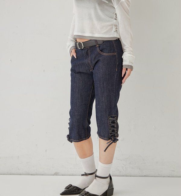  「レースアップデニムカプリパンツ」|デニム|ネイビー