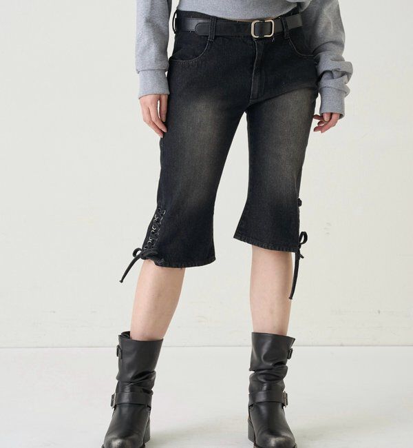  「レースアップデニムカプリパンツ」|デニム|