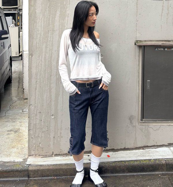  「レースアップデニムカプリパンツ」|デニム|