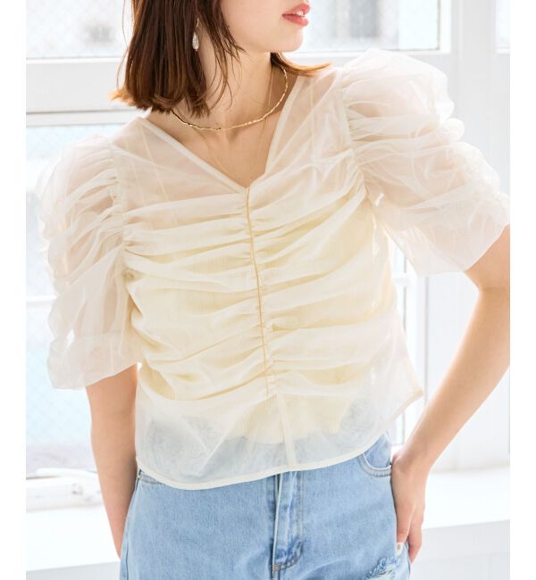 MAJESTICLEGON「ギャザーボリュームチュールトップス」|Tシャツ・カットソー|アイボリー