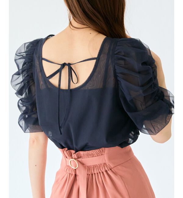 MAJESTICLEGON「ギャザーボリュームチュールトップス」|Tシャツ・カットソー|ネイビー