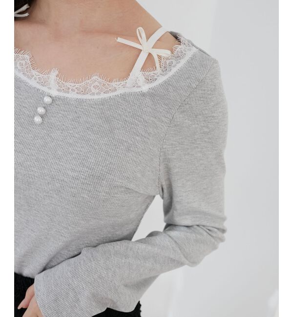  「レース使い肩リボントップス」|Tシャツ・カットソー|