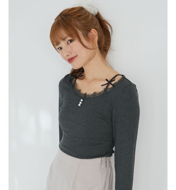  「レース使い肩リボントップス」|Tシャツ・カットソー|
