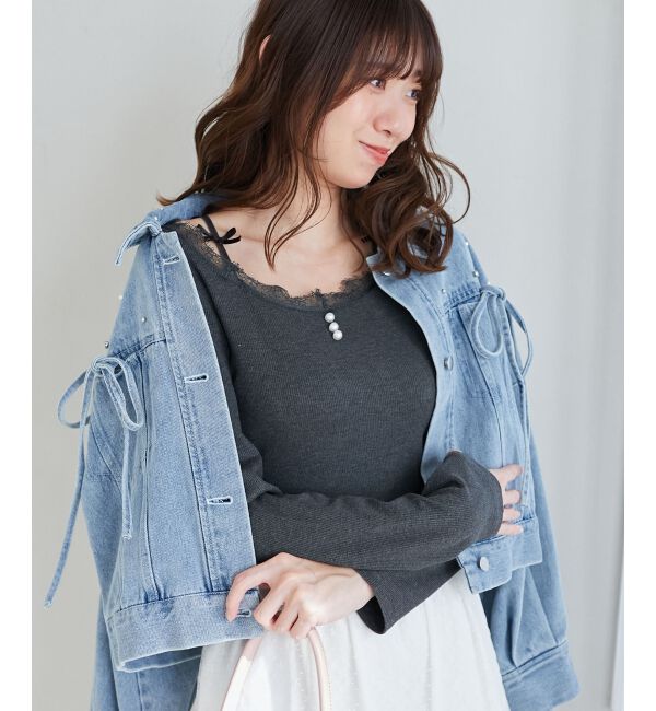  「レース使い肩リボントップス」|Tシャツ・カットソー|