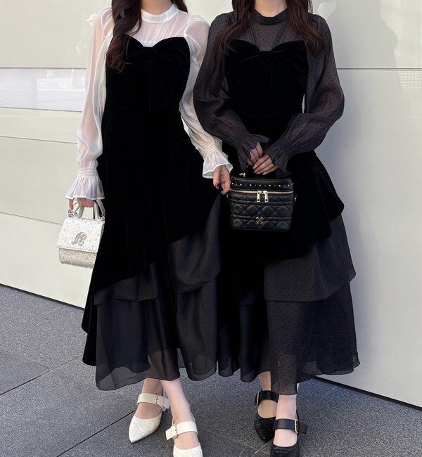  「ベロアリボン異素材ロングワンピース」|ワンピース|