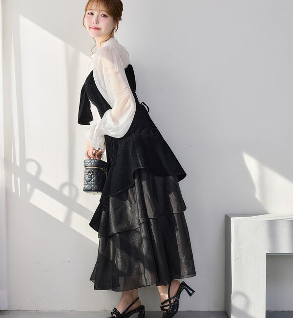  「ベロアリボン異素材ロングワンピース」|ワンピース|