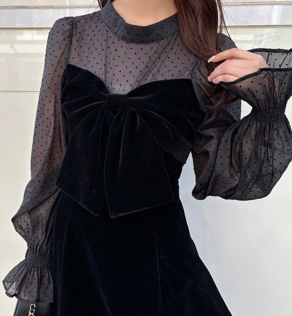  「ベロアリボン異素材ロングワンピース」|ワンピース|