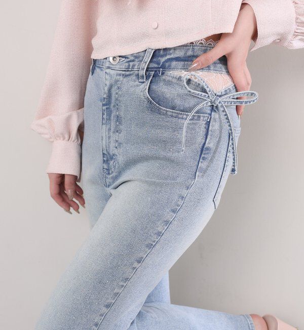  「サイドカットレース美脚ビジューデニム」|その他|