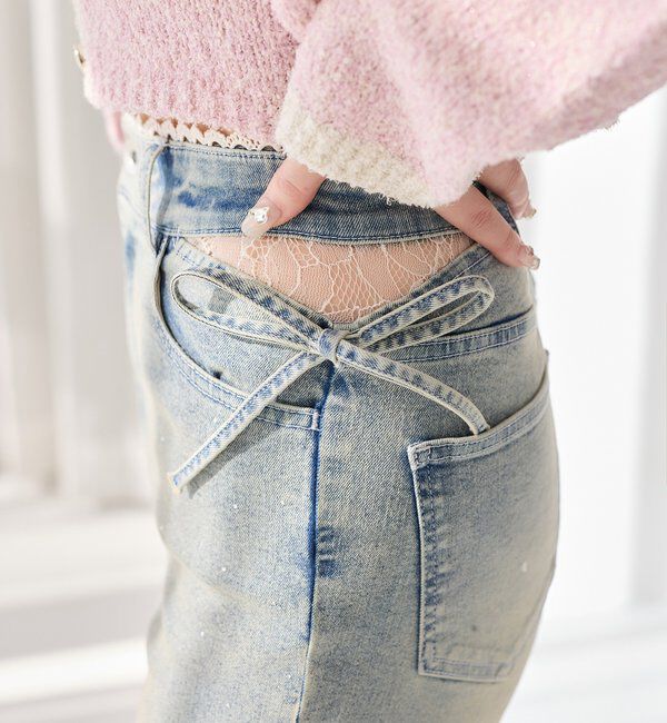  「サイドカットレース美脚ビジューデニム」|その他|